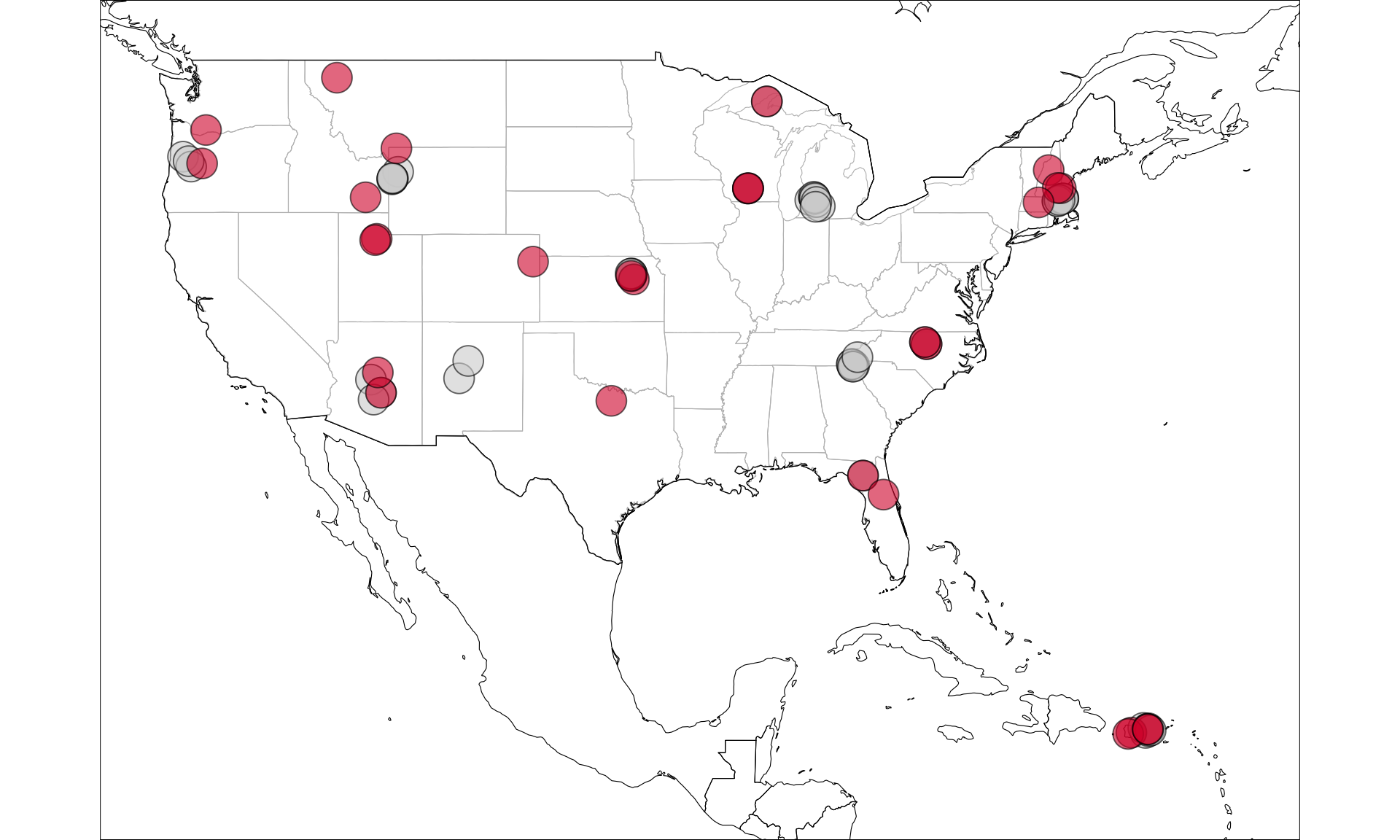 Map of sites used in this current analysis (in grey; Marcarelli Nationwide Survey n = 7, LINX II n = 48) and sites where raw data is available but metabolism has not yet been modeled (in red; Marcarelli Nationwide Survey n = 24).