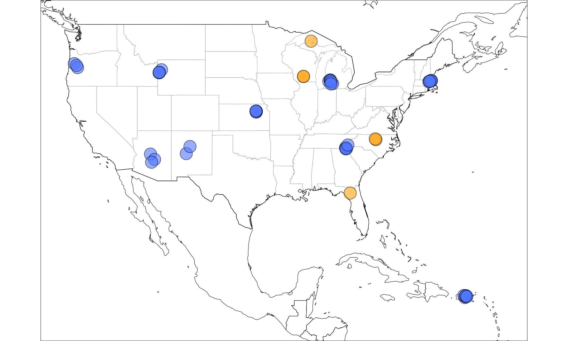 Map of Marcarelli Nationwide Survey (n = 7), and LINXII (n = 48) study sites used in this analysis. Yellow = Marcarelli Nationwide site, blue = LINXII site.