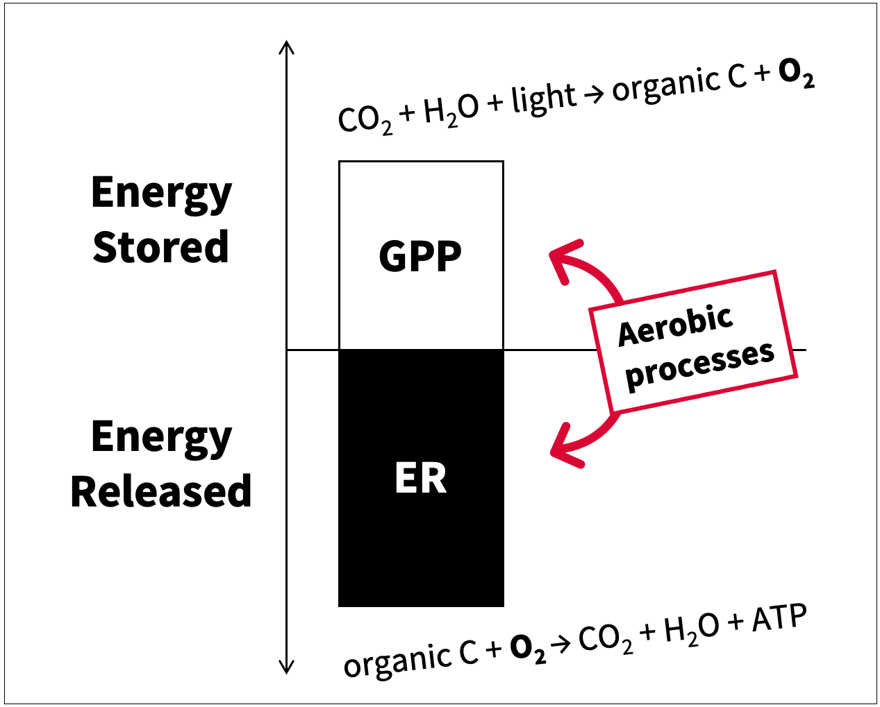 Generally, we conceptualize stream metabolism as the balance between energy storage through gross primary production (GPP) and energy release through ecosystem respiration (ER).